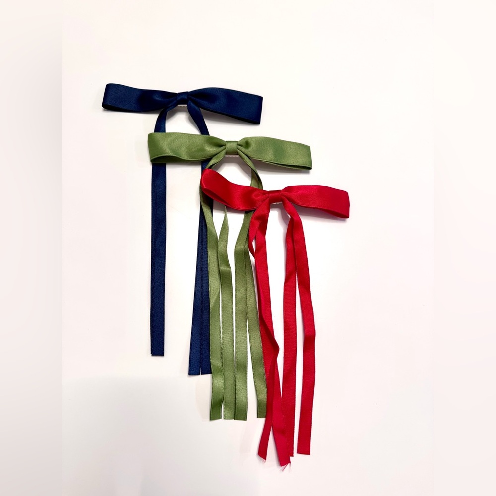 Set of 3 Satin Ribbon Hair Bows Barrette Clips - Navy, Green, Red